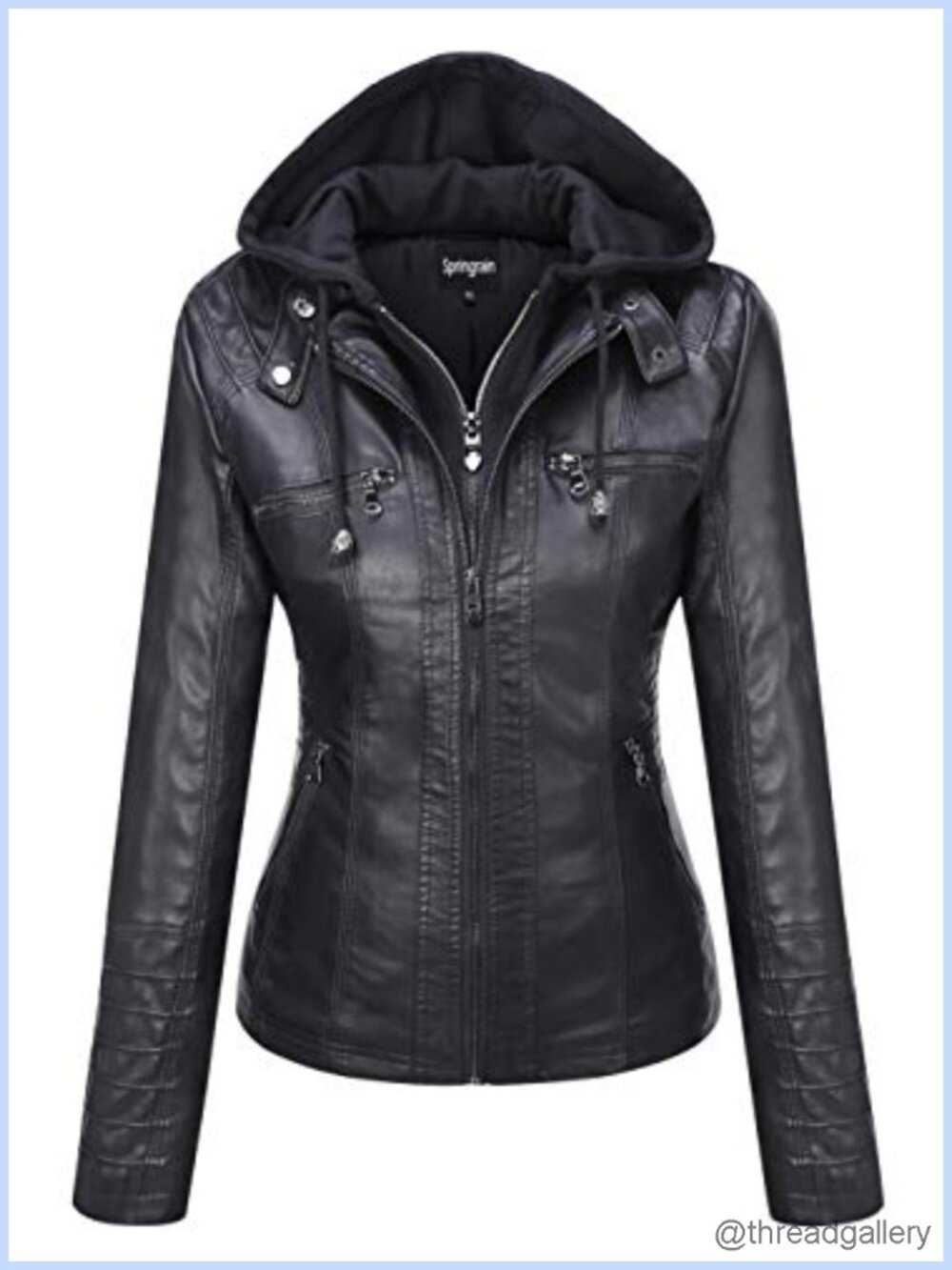 Faux Leather Moto Biker Jacket Removable Hood Zip Pockets